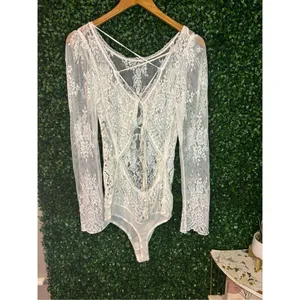 NWT $168 FREE PEOPLE Ready To Party Bodysuit White Embellished Lace Mesh Sheer S thumbnail 6