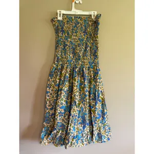 Island Planet Miami Beach Smocked‎ Strapless Floral Cotton Midi Dress Blue Green thumbnail 2