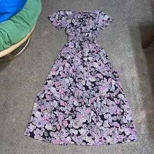 Natural Life Bella Floral Maxi Tiered V-Neck Puff Sleeve Rayon Dress Pink Gray M thumbnail 6