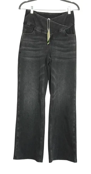 Halara Flex Denim Size Medium High Waisted Crossover Wide Leg Pants Washed Black thumbnail 1