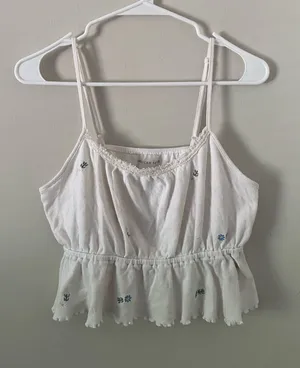 American Eagle White Ruffled Trim Cami Tank with Floral Embroidery thumbnail 1