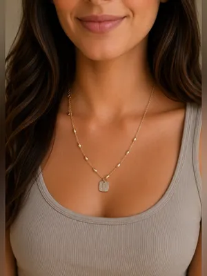Gold Tone Pendant Necklace with Textured Square Charm thumbnail 1