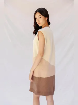 Miss Sparkling Sunset Cream Beige Brown Colorblock V Neck Knit Sweater Mini Dres thumbnail 3