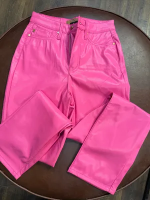 Judy Blue Hot Pink Straight Leg Faux-Leather Jeans thumbnail 1