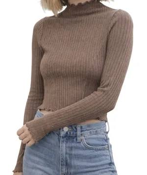 Altar'd State Ribbed Cropped Top Small Brown Lettuce Hem‎ Long Sleeve Mock Neck thumbnail 1
