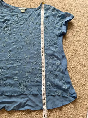 SUNDANCE Blue Embroidered Silk Short Sleeve Sheer Overlay Blouse Top Sz large thumbnail 15