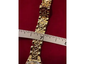 Gold-Tone Greek Key Medallion Link Bracelet – CZ Halo Accent, 0.5" Wide Band 7”L thumbnail 6