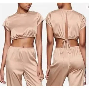 Skims Woven Shine Stretch Satin Crop Top Pink Sand Size Small thumbnail 2