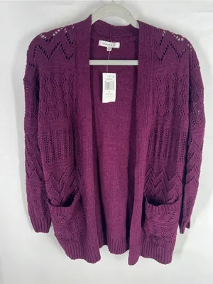 Hooked Up Cozy Cardi Winter Bloom Purple Pointelle Open Front Cardigan S NWT thumbnail 2