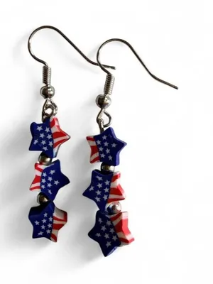 Handmade Patriotic American Flag Triple Stacked Star Dangle Earrings ❤️🤍💙 thumbnail 1