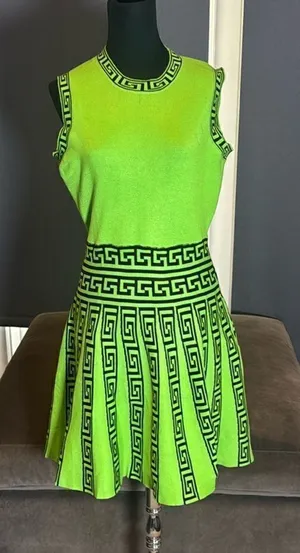 Women’s Casual Short Green Sleeveless Dress Flared Pleated Skirt Size L *READ thumbnail 1