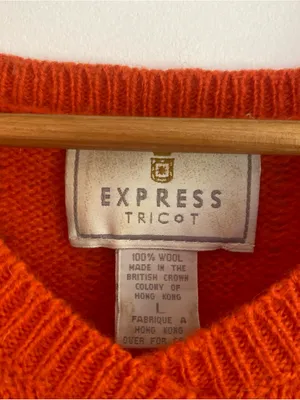 Express Tricot Orange Ribbed V-Neck Sweater 100% Wool Vintage thumbnail 3
