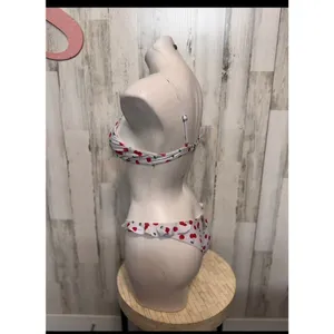 Cherry Print Bikini Set Women's Two Piece Ruffle Bottoms Adjustable Straps Size White thumbnail 3