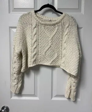Altar'd State Cream Cable Knit Cropped Crewneck Sweater thumbnail 1