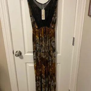 Julia Peacock Feather Maxi Dress Womens Medium Brown Mesh Inset Long Sundress NW thumbnail 2