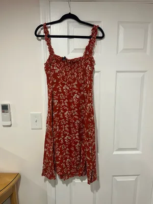 Lulus Floral Red Midi Dress with Slit. Some pulling (pictured) thumbnail 5