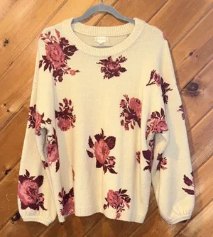 Altar’d State tan & maroon large floral puff sleeve sweater thumbnail 1