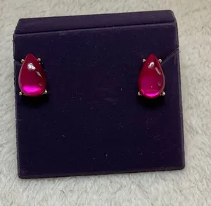 Hot Pink Teardrop Stud Earrings in Gold-Tone Prong Setting thumbnail 1