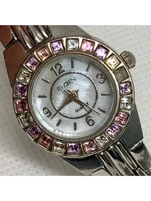 Vintage Elgin women’s watch silver tone mop dial Gemstones quartz 23mm running thumbnail 4