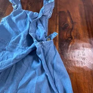 Zara Woman Premium Denim Tencel Pinafore Dress Light Wash Blue Ruffle Straps M thumbnail 4