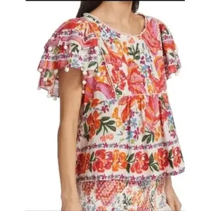 Farm Rio Floral Pom Pom Trim Swiss Dot Babydoll Blouse‎ Multi Color Womens Large thumbnail 6