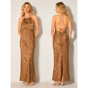 a new day Brown Floral formal Halter Sleeveless Maxi Dress size M satin thumbnail 2