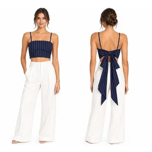 WAYF Navy Blue Pinstripe Tie Back Crop Top Linen Blend Spaghetti Strap thumbnail 2