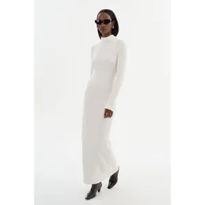 Lamarque Lindsay Dress White Textured Knit Open Back Maxi Long Sleeve Mock Neck thumbnail 3