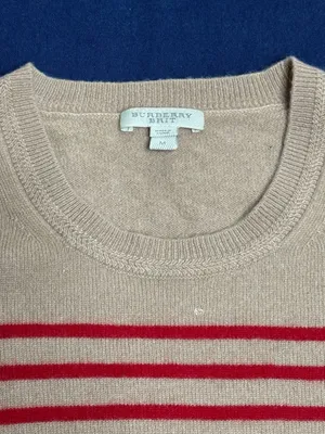 Burberry Brit 100% Cashmere Striped Sweater Red Beige Equestrian Logo M thumbnail 9