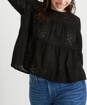 Madewell Black Eyelet Tiered Button Back Top thumbnail 1