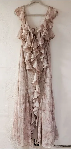 NEW Storia Ruffle Maxi Dress in Gray Pink Floral Large thumbnail 1