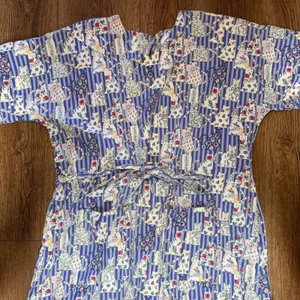 80s‎ SCRUBS Cat Floral Print Striped Scrub Dress XL Blue Cotton Pockets USA Made thumbnail 4