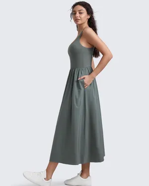 CRZ YOGA Square Neck Maxi Dress for Women - Flowy Sleeveless Padded Travel Casual Outfits with Side Pockets thumbnail 2