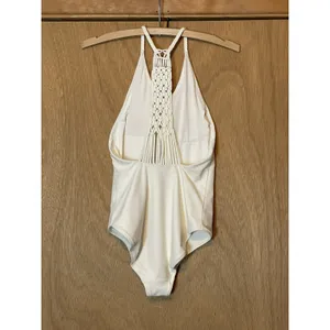 Aerie Women Medium Macrame Halter‎ Top One Piece Swimsuit White thumbnail 6