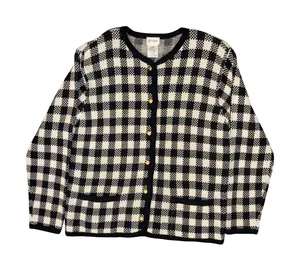 Liz Baker Cardigan L Black White Gingham Check Gold‎ Button Retro Dark Academia thumbnail 1