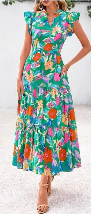 Pretty Garden Floral Cap Sleeve V neck flowy Midi Dress Size XXL new with tags thumbnail 1