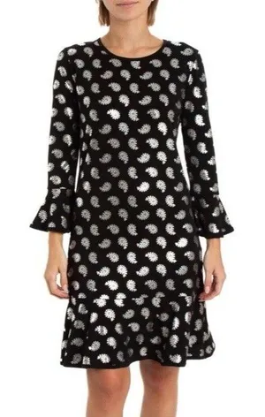 MICHAEL KORS Black/Silver Foil Paisley Flounce Shift Dress Bell Sleeves Size S thumbnail 1