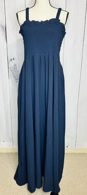 Davi & Dani Maxi Dress Sz L Navy Open Back Ladder Strap Smocked Front Sleeveless thumbnail 1
