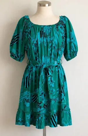 Boho Flowy‎ Dress 16 Teal Floral Cottagecore Romantic Tiered Belted Coastal Chic thumbnail 1