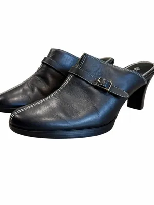 St John’s Bay Y2K Leather Shoes Size 8 Black Mules Clogs Buckle Office Neutral thumbnail 2