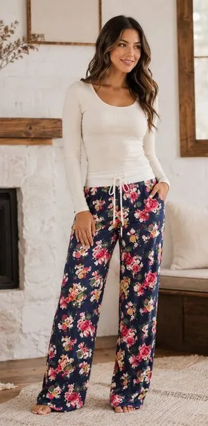 Navy Floral Wide Leg Lounge Pants Drawstring Waist NWT thumbnail 1