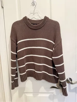 QUINCE 100% Organic Cotton Striped Crew Sweater Heather Brown Ivory Medium thumbnail 6