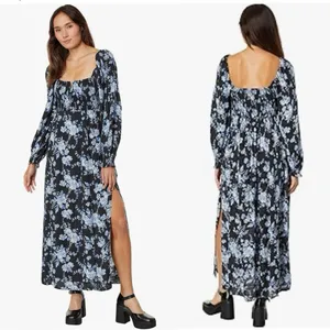 Free People Jaymes Dress Floral Printed Blue‎ Black Combo size large thumbnail 2