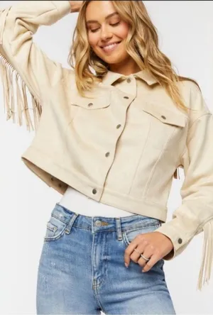 Cream Fringe Faux Suede Jacket Small thumbnail 1