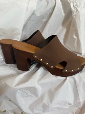 Brown Leather Platform Slide Mules with Gold Stud Accents Size 9 thumbnail 3