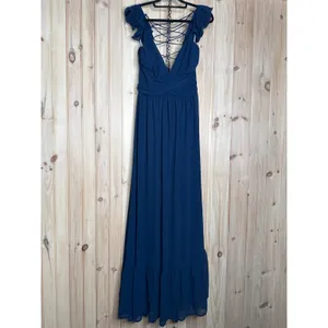 NWT Lulus Soiree Celebration Navy Blue Ruffled Lace-Up Maxi Dress Wedding Sz XL thumbnail 2