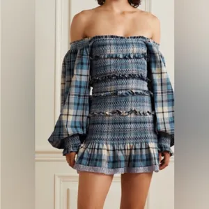 LoveShackFancy Stanley Blue Plaid Smocked Mini Dress Medium thumbnail 2