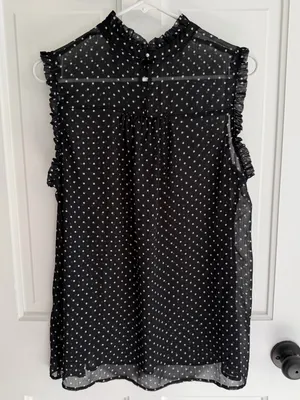 Who What Wear XL Black White Polka Dot Ruffle Sleeveless Sheer Blouse‎ thumbnail 1