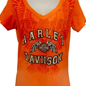 Harley Davidson Y2K Graphic V Neck T-Shirt‎ S Biker Moto Burnout Rhinestone thumbnail 1