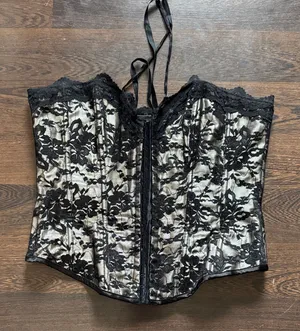 Floral Lace Corset Bustier Hook & Eye Front, Lace-Up Back Black Large thumbnail 1